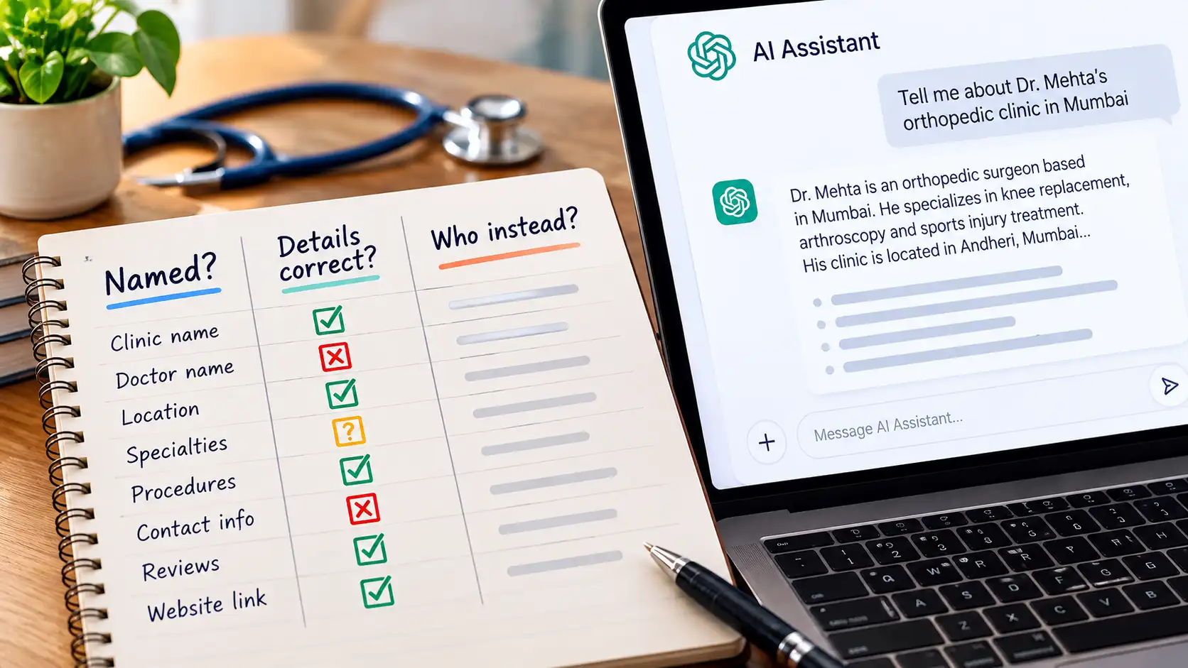 Doctor checking what AI assistants say about their practice.